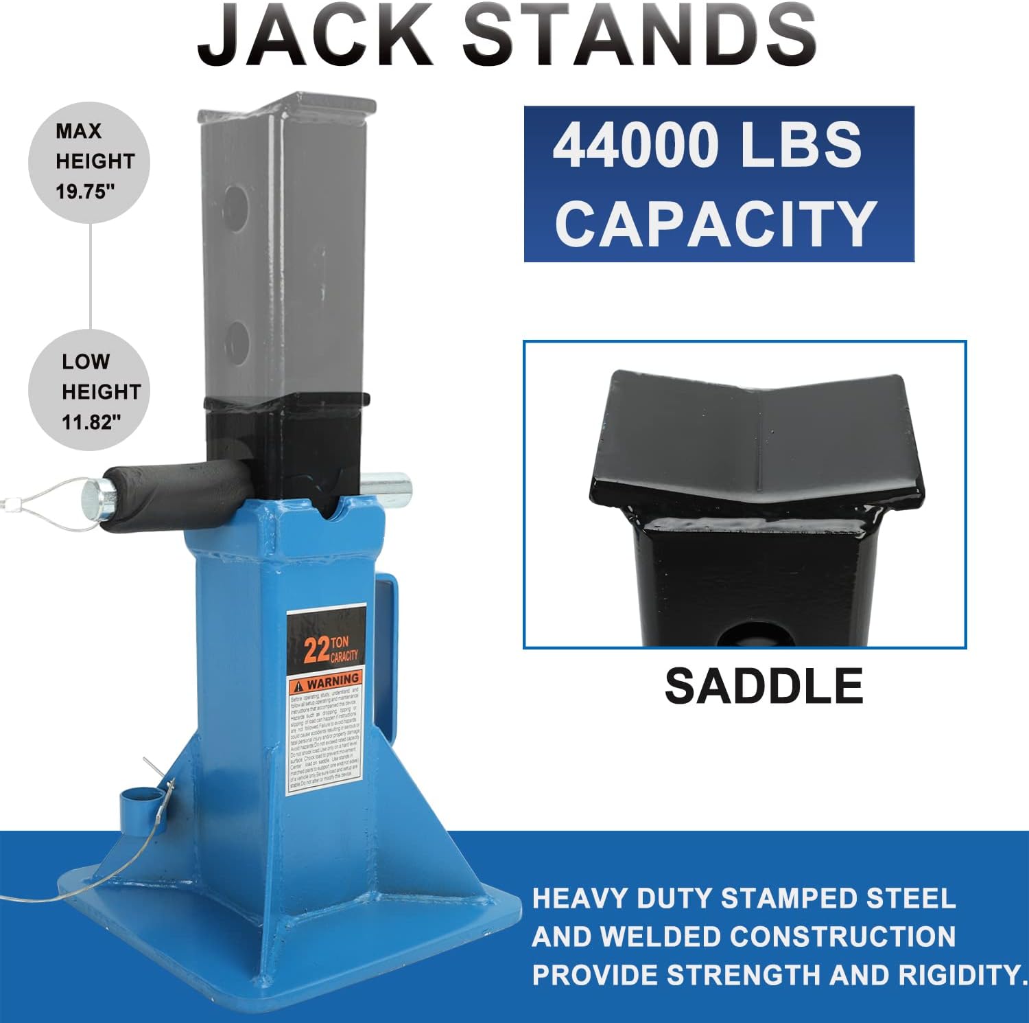 22 Ton (44,000 lbs) Jack Stands (1 Pair), Heavy Duty Pin Type Professional Car Jack Stand with Lock,Wide Base Safety Design for Supporting Trucks, Trailers and Equipment,Blue - Image 5