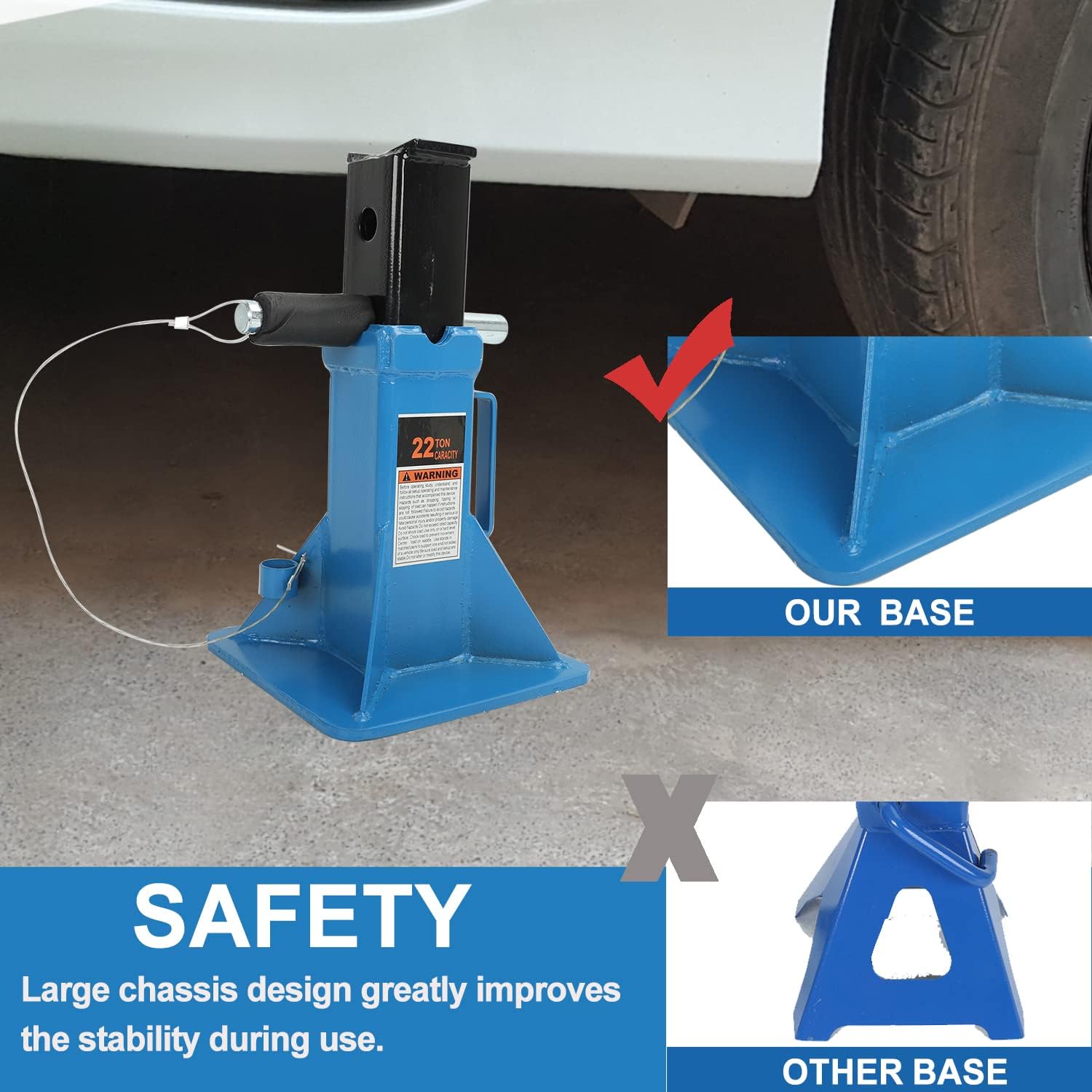 22 Ton (44,000 lbs) Jack Stands (1 Pair), Heavy Duty Pin Type Professional Car Jack Stand with Lock,Wide Base Safety Design for Supporting Trucks, Trailers and Equipment,Blue - Image 6