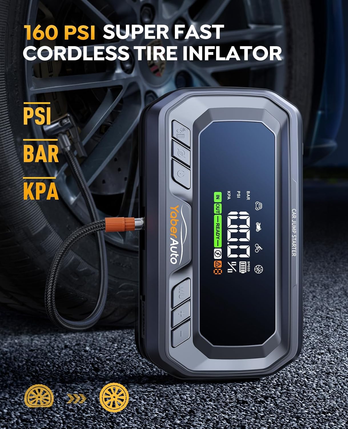 YaberAuto 12-in-1 Jump Starter with Air Compressor 8000A 160PSI 65W Charging, Portable Car Battery Jump Starter (All Gas/12L Diesel) Jump Box Car Battery Jumper Starter Portable Jumper Cables, 160W DC - Image 2